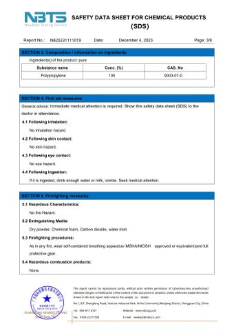 SDS certificate from Suzhou Health Run New Material Technology Co., Ltd.
