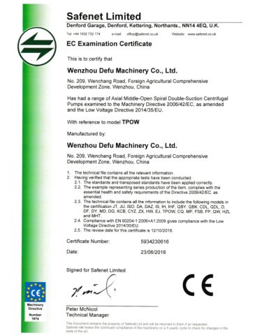 CE certificate from Wenzhou Defu Machinery Co., Ltd.