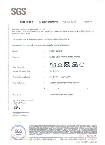 SGS for H & E Tape certificate from Foshan Casland Garments Co., Ltd.