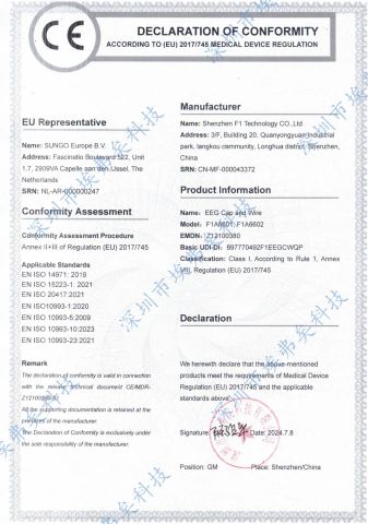 CE Declaration certificate from Shenzhen F1 Technology Co., Ltd.
