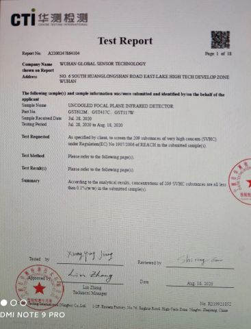 Reach certificate from Wuhan Guide Infrared Co., Ltd.