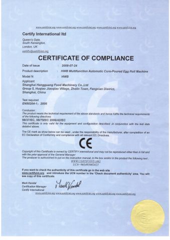 CE certificate from Hg Industry Group Ltd.