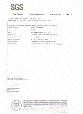 SGS certificate from Taizhou City Florid Powder Coating Co., Ltd.