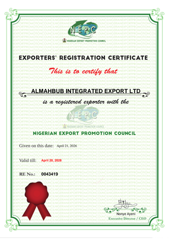 Export licence certificate from ALMAHBUB INTEGRATED EXPORT LTD