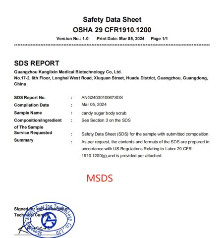 MSDS certificate from Guangzhou Kanglixin Medical Biotechnology Co, Ltd.
