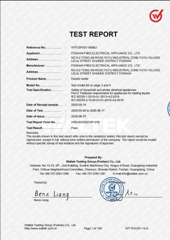 CB certificate from Foshan Free Electric Appliances Co., Ltd