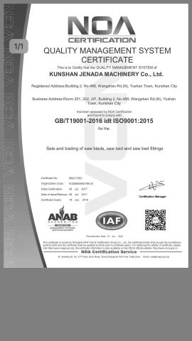 QUALITY MANAGEMENT SYSTEM CERTIFICATE certificate from Kunshan JENADA Machinery Co., Ltd.