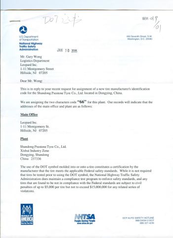 DOT certificate of SHANDONG PRESTONE TYRE CO., LTD. – certificate photo, supplier certificates section