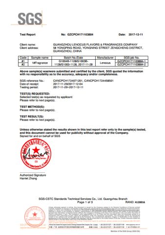 SGS certificate from Guangzhou Lenocus Flavors & Fragrances Company