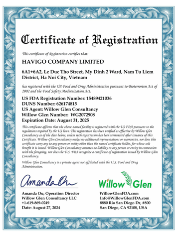 CO certificate from Havigo company