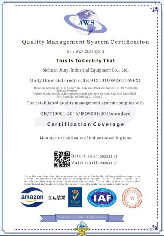 ISO 9001 certificate from Sichuan Junyi Industrial Equipment Co.,Ltd