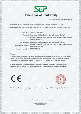 CE certificate from Huizhou Best Festivel Articles Co., Ltd.