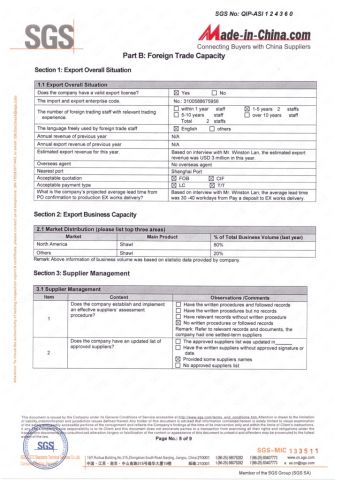 SGS certification certificate from Shanghai Brothers Textile Co., Ltd.