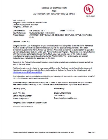 IMC CONDUIT AND IMC ELBOW AND IMC COUPLINGS AND NIPPLE certificate from HANGZHOU ANAKO IMPORT AND EXPORT CO., LTD.