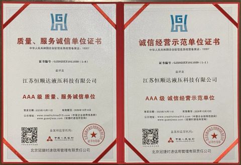 Award certificate from Jiangsu Hengshunda Hydraulic Technology Co., Ltd.