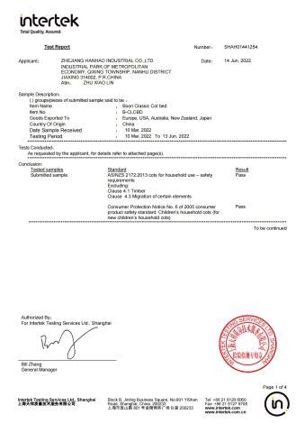 AS/NZS 2172:2013 cots for household use-safety requirements certificate from Zhejiang Hanhao Industrial Co., Ltd.
