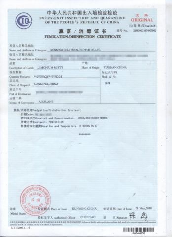 FUMIGATION CERTIFICATE certificate from Kunming Gold Petal Co., Ltd.