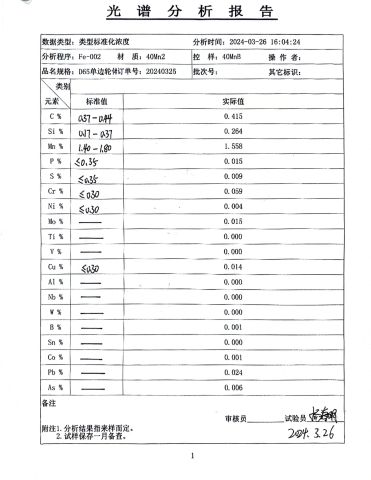Track shoe material certificate of Xiamen Winsum Machinery Co., Ltd. – certificate photo, supplier certificates section