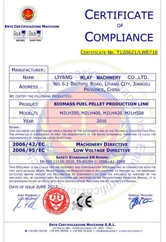 CE certificate from Liyang Iklay Machinery Co., Ltd.