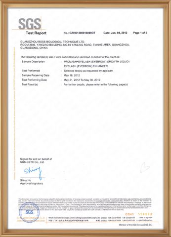 SGS test report for eyelash growth serum certificate from Guangzhou Boss Biological Technique Ltd.