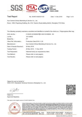PP filter bag GB4806 certificate of Filterek Products Tech Co., Ltd. – certificate photo, supplier certificates section