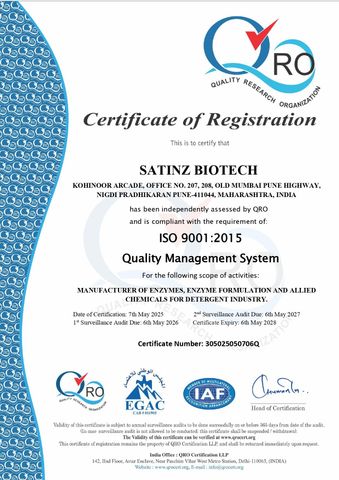 ISO 9001 certificate from Satinz Biotech