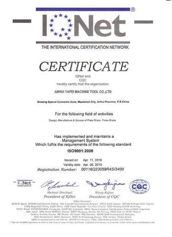 ISO 9001 QUALITY SYSTEM CERTIFICATE certificate from ANHUI YAFEI MACHINE TOOL CO., LTD.