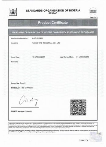 SONCAP certificate of Qingdao Timax Tire Co., Ltd. – certificate photo, supplier certificates section
