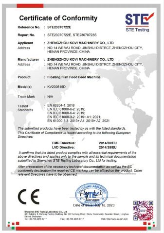 CE certificate from Zhengzhou Kovi Machinery Co., Ltd