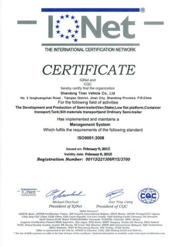 CERTIFICATE IQNET and CQC certificate from Shandong Titan Vehicle Co., Ltd.