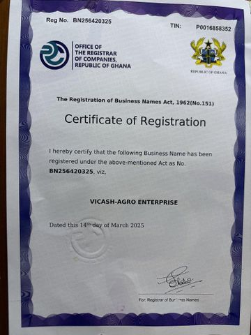 RGD/TCD certificate from VICASH-AGRO ENTERPRISE