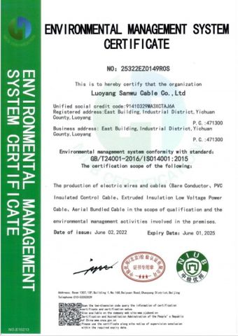 ISO14001 certificate of LUOYANG SANWU CABLE GROUP CO., LTD – certificate photo, supplier certificates section