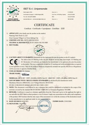 CE2 certificate from Nantong Cheli Tools Co., Ltd.