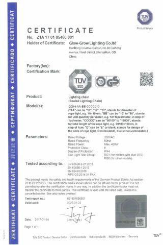 Rope light GS certificate certificate of Glow-Grow Lighting Co., Ltd. – certificate photo, supplier certificates section