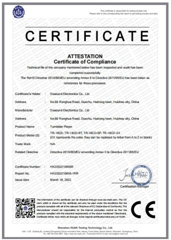 TR-18CD-RoHS-2.0 Cert . certificate from Huizhou Dosound Electronics Co., Limited