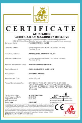 bubble film machine CE certificate of Wenzhou Paso Machinery Equipment Co., Ltd. – certificate photo, supplier certificates section