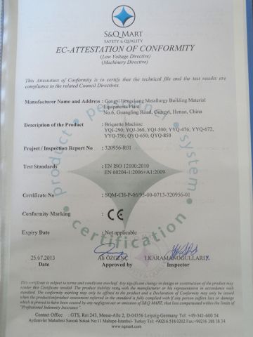 CE certificate of briquette machine certificate from Gongyi Hengchang Metallurgical Building Material Equipments Plant