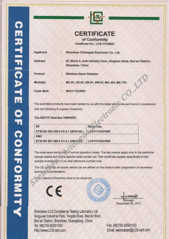 CE Certificate for Door Sensor in 2012 certificate from Shenzhen Chitongda Electronic Co., Ltd.