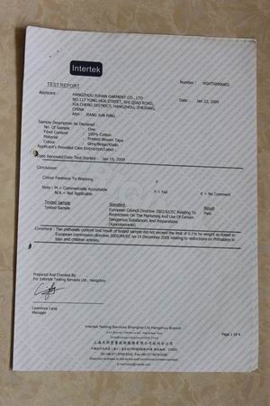 The Detection Certificate of Hang Tag certificate from Hangzhou Fuhan Garment Accessories Co., Ltd.