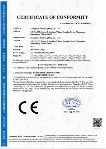CE-LVD Certificate certificate from Zhongshan Jetten Lighting Co., Ltd.