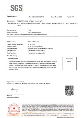 immersion gold RoHS test report certificate from Finest Printed Circuit Board Ltd.