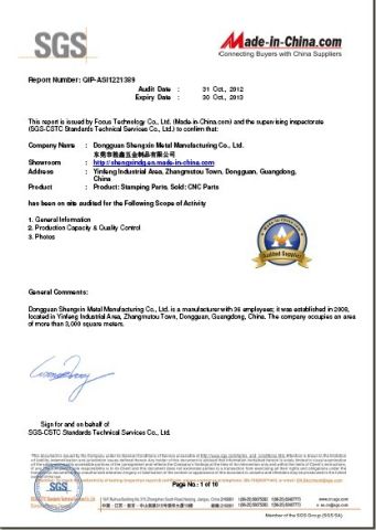 Factory SGS report certificate from Dongguan Shengxin Metal Manufacturing Co., Ltd.