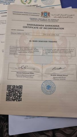 Trade Register certificate of Al Wadi Seafood Trading Co. – certificate photo, supplier certificates section