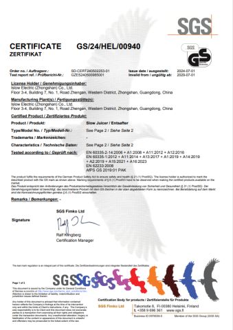 GS certificate from Islow Electric (Zhongshan) Co., Ltd