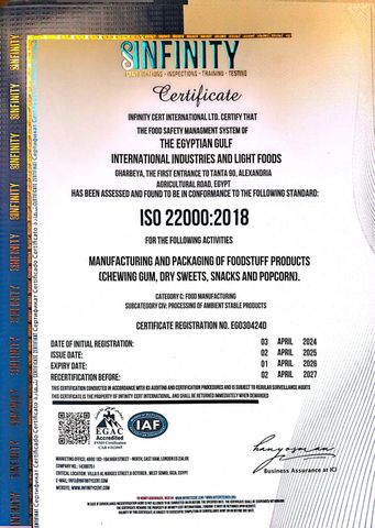 ISO 22000:2018 certificate from Egy-gulf