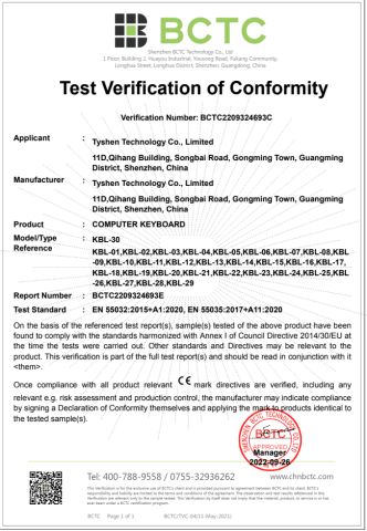 CE for Gaming Keyboard 2022.09.26 certificate of Tyshen Technology Co., Limited – certificate photo, supplier certificates section