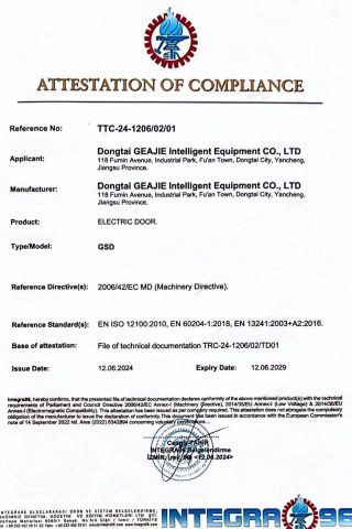 Attestationof Compliance certificate from Dongtai Geajie Intelligent Equipment Co., Ltd