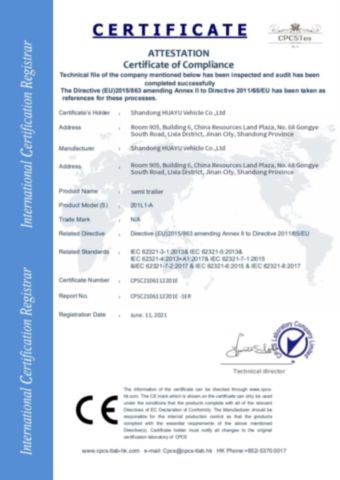 CE certificate from Shandong HUAYU Vehicle Co., Ltd.