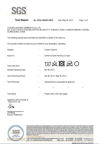 Color fastness test for Casland bra cup certificate from Foshan Casland Garments Co., Ltd.