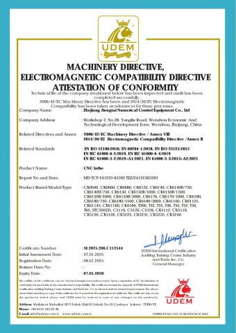 CE Certificate - CNC Lathe certificate from Zhejiang Jiongtai Numerical Control Equipment Co., Ltd.